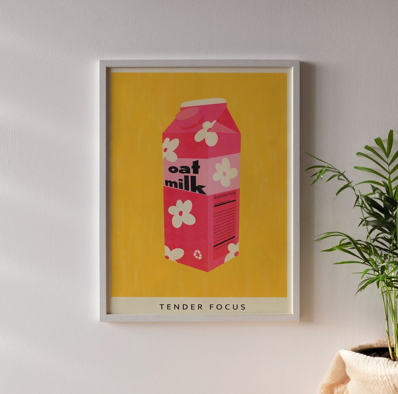 Cartel de leche a base de plantas / Arte de pared de leche de avena IMPRIMIBLE, Risógrafo rosa y amarillo / Decoración de cocina colorida digital imagen 4