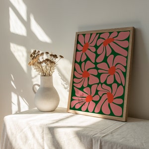 Tropische Boho bloemposter AFDRUKBARE kunst aan de muur Funky, Plantenliefhebber, Botanische Roze, groen en oranje ontwerp DIRECT digitale download afbeelding 3