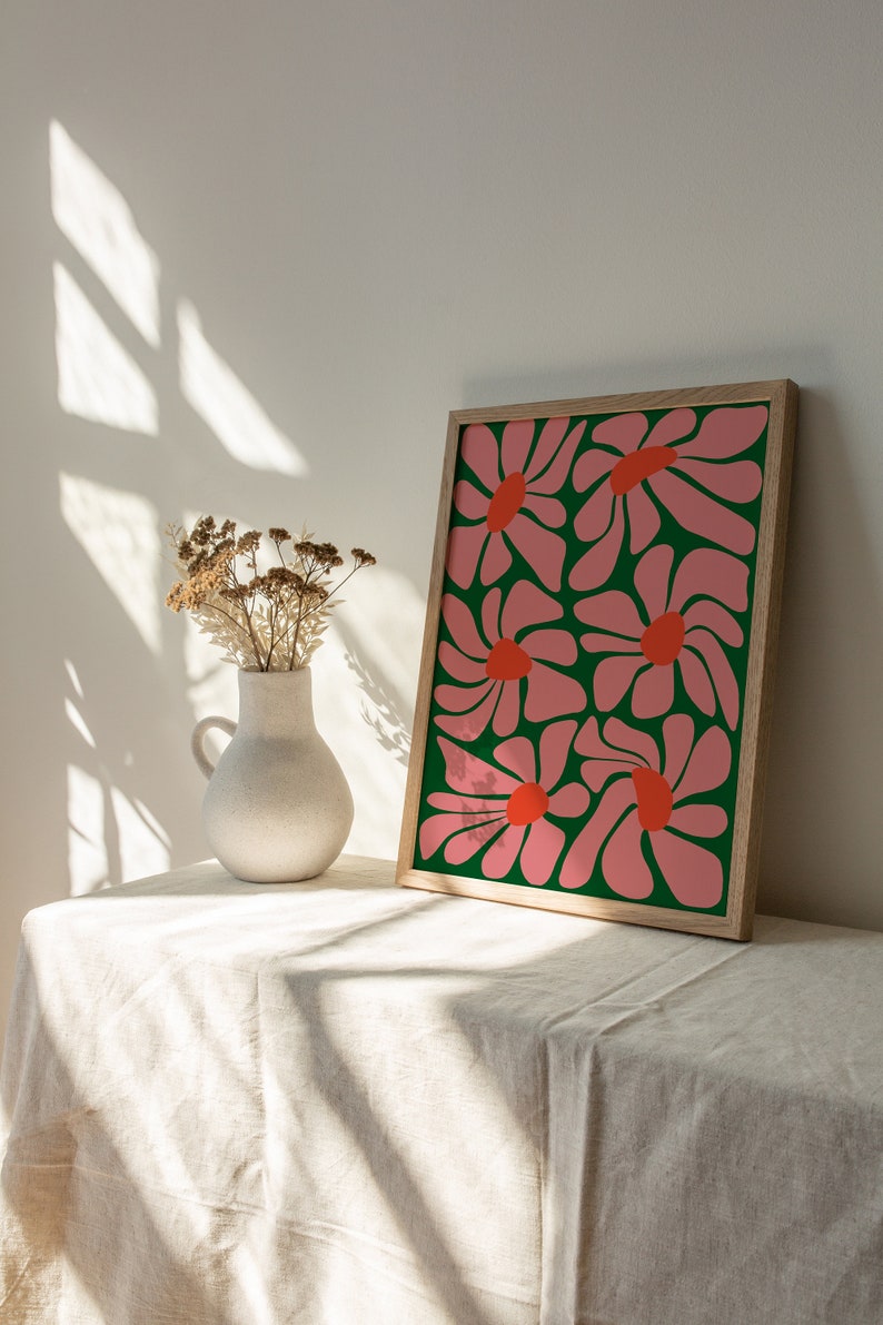 Tropische Boho bloemposter AFDRUKBARE kunst aan de muur Funky, Plantenliefhebber, Botanische Roze, groen en oranje ontwerp DIRECT digitale download afbeelding 3