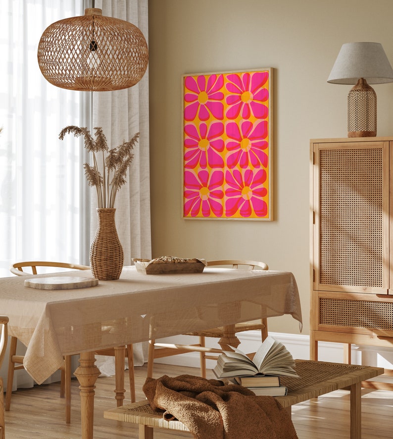 Cartel de flores de risógrafo rosa y amarillo / Arte de pared IMPRIMIBLE / Tropical, Decoración del hogar Boho / Ilustración floral colorida / Impresión y2k de la década de 2000 imagen 8