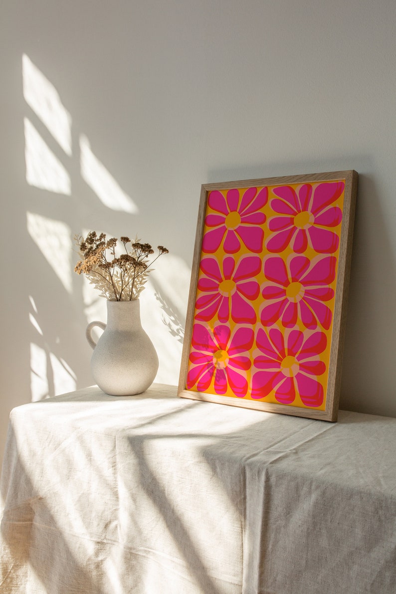 Cartel de flores de risógrafo rosa y amarillo / Arte de pared IMPRIMIBLE / Tropical, Decoración del hogar Boho / Ilustración floral colorida / Impresión y2k de la década de 2000 imagen 6