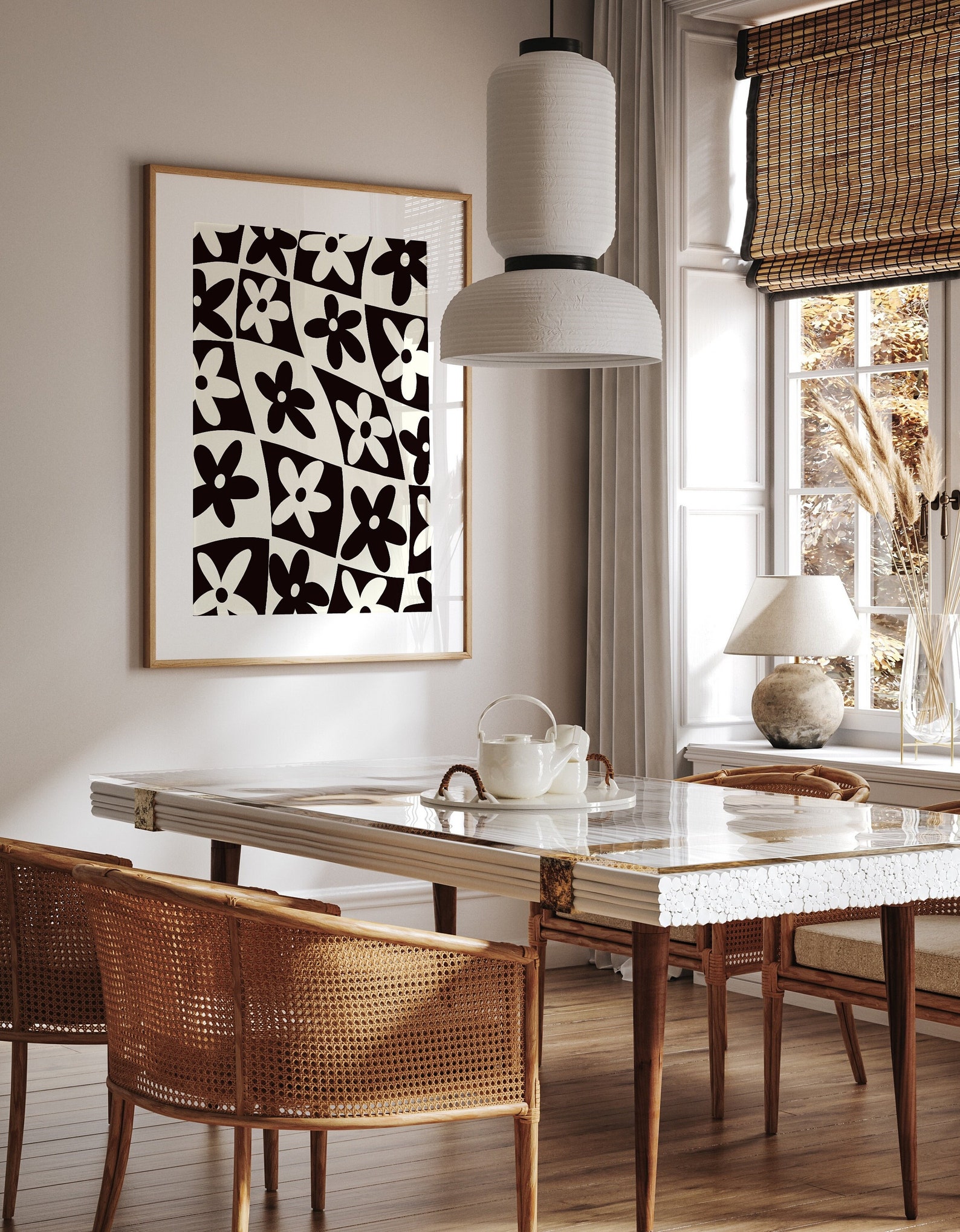 Black and White Checkered Flower Pattern Wall Art Geometric Etsy