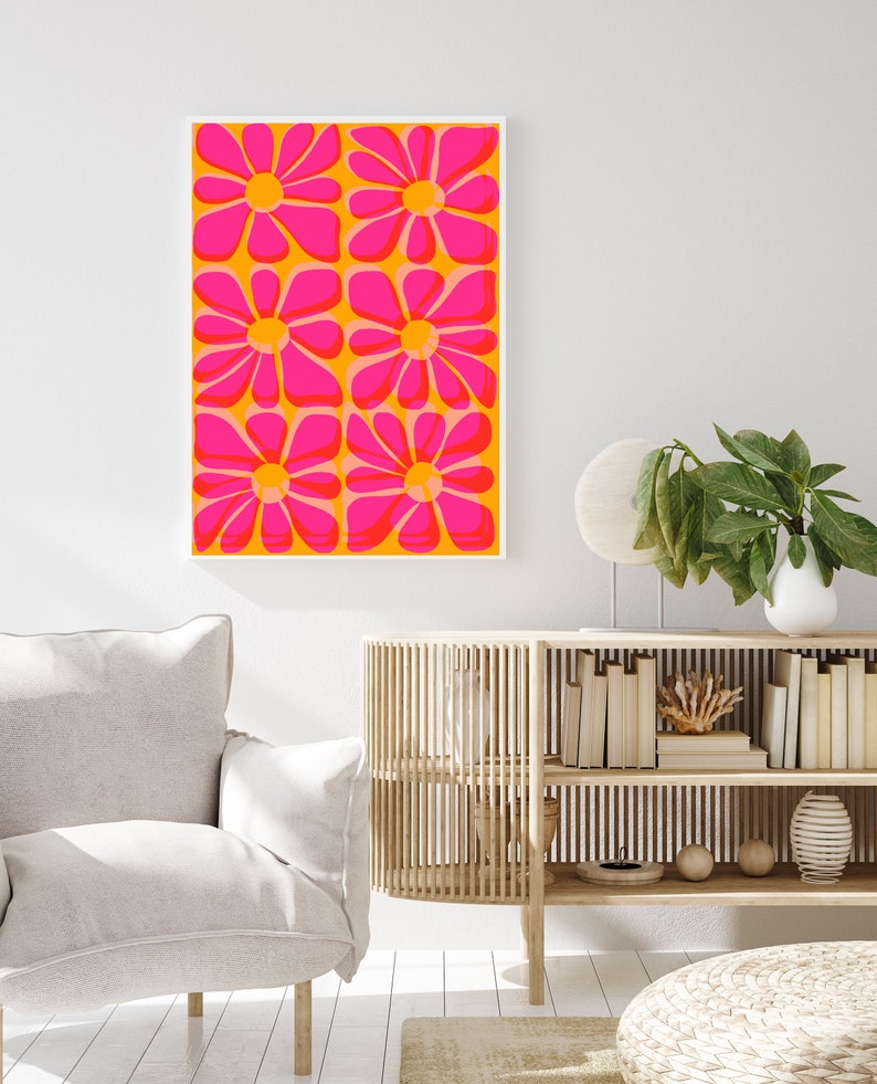 Cartel de flores de risógrafo rosa y amarillo / Arte de pared IMPRIMIBLE / Tropical, Decoración del hogar Boho / Ilustración floral colorida / Impresión y2k de la década de 2000 imagen 7