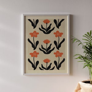 Cartel de flores de viento y amapolas / IMPRIMIBLE Arte de patrón de flor negro, rojo ondulado / Boho, Naturaleza, Jardín floral / Vivero de casa de campo botánico imagen 5