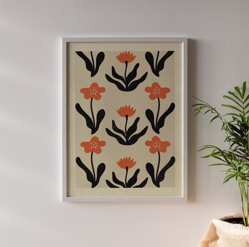 Cartel de flores de viento y amapolas / IMPRIMIBLE Arte de patrón de flor negro, rojo ondulado / Boho, Naturaleza, Jardín floral / Vivero de casa de campo botánico imagen 5
