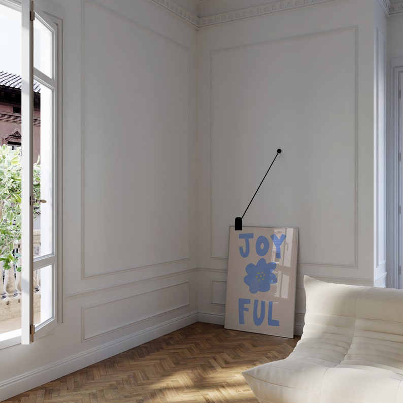 Typografie 'Joyful' Wall Art Pastelblauwe Bloem AFDRUKBARE Mid Century Modern, minimalistisch Home Decor Leuke Happy Kids-esthetiek afbeelding 6