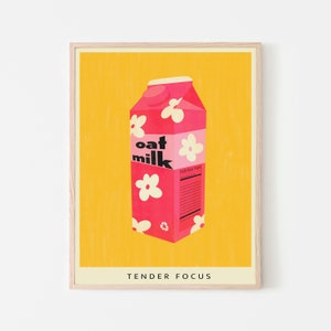 Cartel de leche a base de plantas / Arte de pared de leche de avena IMPRIMIBLE, Risógrafo rosa y amarillo / Decoración de cocina colorida digital imagen 1
