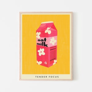 Plant Based Milk Poster PRINTABLE Oat Milk Wall Art, Pink and Yellow Risograph Digital Colorful Kitchen Decor image 1