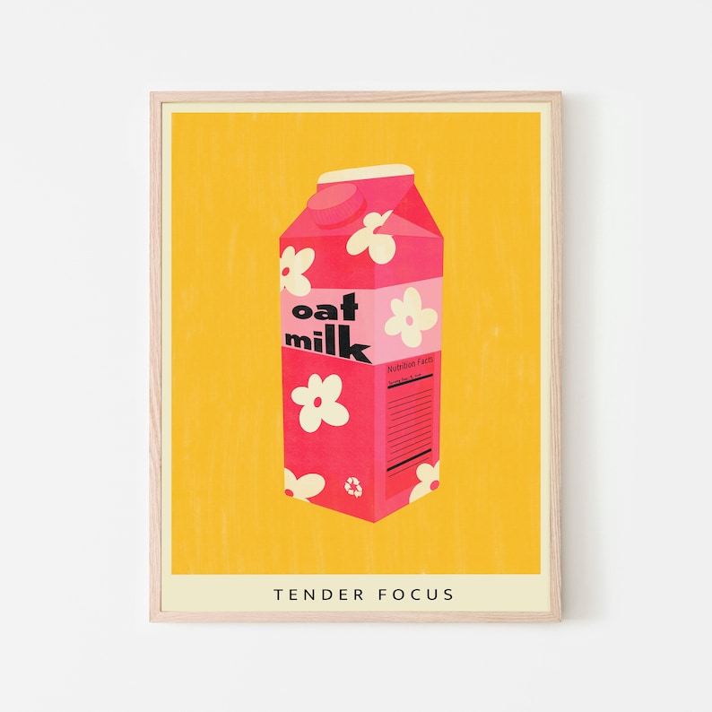 Cartel de leche a base de plantas / Arte de pared de leche de avena IMPRIMIBLE, Risógrafo rosa y amarillo / Decoración de cocina colorida digital imagen 1