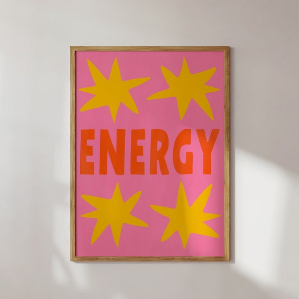 Colorful 'Energy!' Print | Digital Poster | Retro Typography, Maximalist Home | Spiritual Pink, Yellow Orange Decor | Trendy Groovy Wall Art