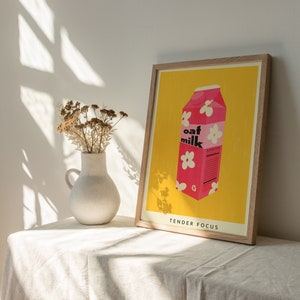 Cartel de leche a base de plantas / Arte de pared de leche de avena IMPRIMIBLE, Risógrafo rosa y amarillo / Decoración de cocina colorida digital imagen 7