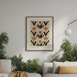 Cartel de flores de viento y amapolas / IMPRIMIBLE Arte de patrón de flor negro, rojo ondulado / Boho, Naturaleza, Jardín floral / Vivero de casa de campo botánico imagen 4