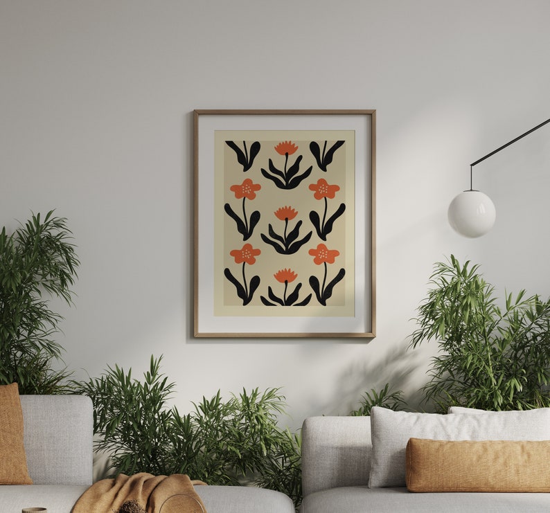 Cartel de flores de viento y amapolas / IMPRIMIBLE Arte de patrón de flor negro, rojo ondulado / Boho, Naturaleza, Jardín floral / Vivero de casa de campo botánico imagen 4