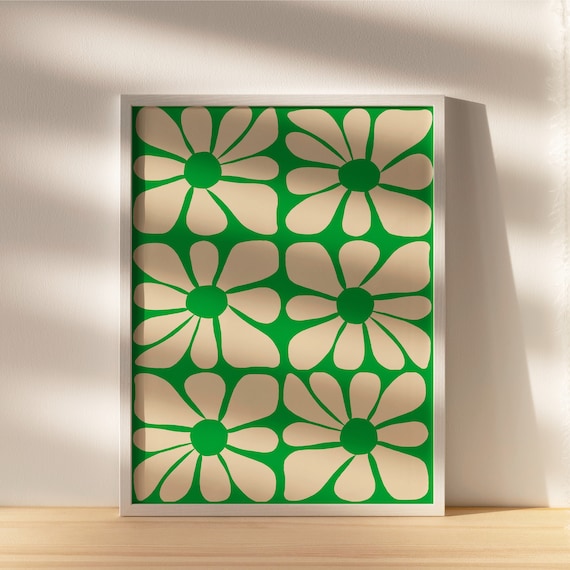 Green Mid-Century Flower Pattern Print | 70s Home Decor (Digital Download)