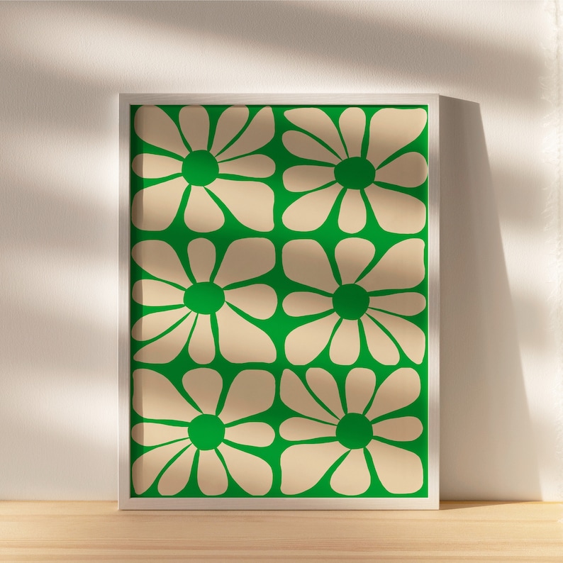 Cartel de patrón de flor ondulado verde de mediados de siglo / Arte de pared digital instantáneo / Gustaf Westman / 70s, Funky Hippie Home Deco imagen 1