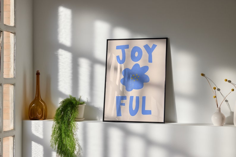 Typography 'Joyful' Wall Art Pastel Blue Flower PRINTABLE Mid Century Modern, Minimalist Home Decor Cute Happy Kids Aesthetic image 7