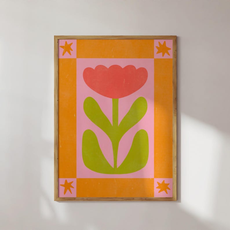 Scandinavian Flower Print Orange Pink Vintage Poster, Colorful Home