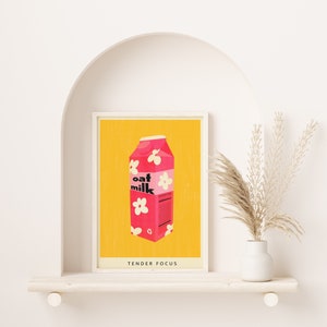 Cartel de leche a base de plantas / Arte de pared de leche de avena IMPRIMIBLE, Risógrafo rosa y amarillo / Decoración de cocina colorida digital imagen 6