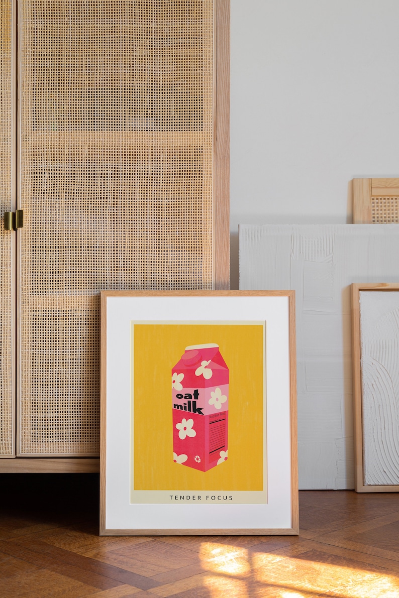 Cartel de leche a base de plantas / Arte de pared de leche de avena IMPRIMIBLE, Risógrafo rosa y amarillo / Decoración de cocina colorida digital imagen 9