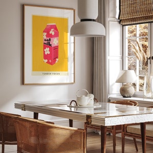 Cartel de leche a base de plantas / Arte de pared de leche de avena IMPRIMIBLE, Risógrafo rosa y amarillo / Decoración de cocina colorida digital imagen 5