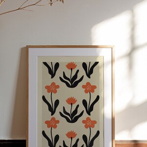 Cartel de flores de viento y amapolas / IMPRIMIBLE Arte de patrón de flor negro, rojo ondulado / Boho, Naturaleza, Jardín floral / Vivero de casa de campo botánico imagen 3