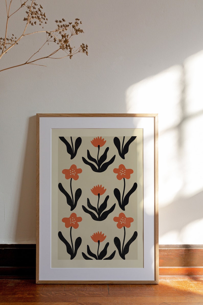 Cartel de flores de viento y amapolas / IMPRIMIBLE Arte de patrón de flor negro, rojo ondulado / Boho, Naturaleza, Jardín floral / Vivero de casa de campo botánico imagen 3