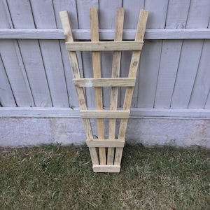 May include: A fan-shaped wooden garden trellis constructed from light-coloured natural wood slats. The structure features four vertical uprights that flare outward towards the top, intersected by four horizontal crossbars of varying lengths.