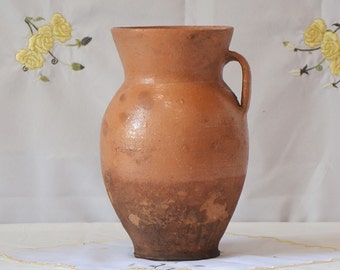 Large primitive clay vessel. Wabi sabi pottery tall vase. Antique terracotta plant pot.