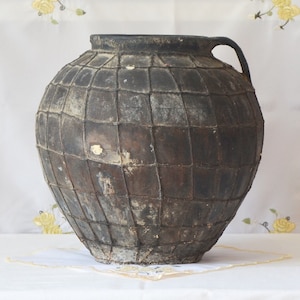 Wabi Sabi vessel, Big black clay vessel, Old large black rustic vase, Rustic decor, Primitive clay pot