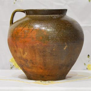 Large Brown green primitive clay vessel. Wabi sabi pottery vase. Antique ceramic pot.