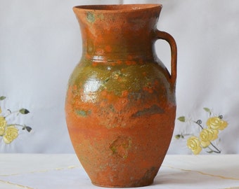 Terracotta farm house rustic primitive vessel. Old ceramic pot. Wabi sabi pottery tall vase.