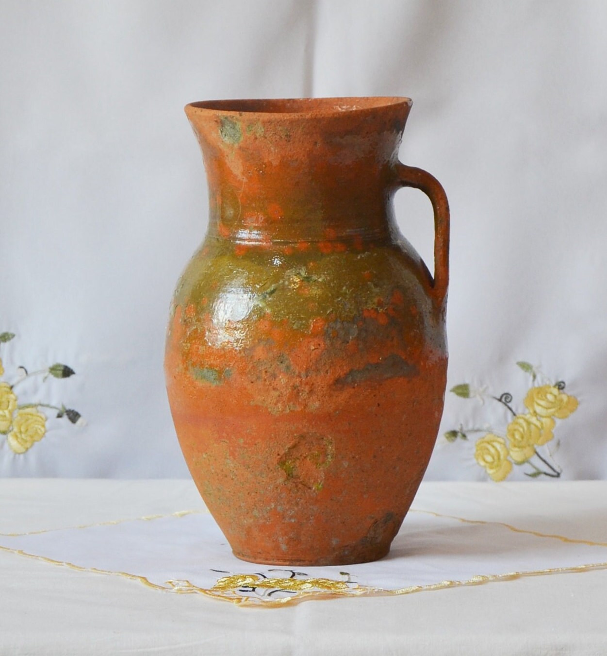 Terracotta farm house rustic primitive vessel. Old ceramic pot. Wabi sabi pottery tall vase.