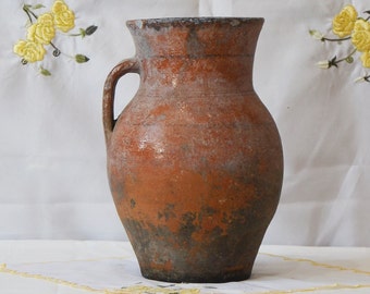 Large primitive clay vessel. Wabi sabi pottery tall vase. Antique terracotta plant pot.