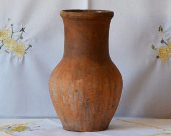 Antique clay pot. Wabi sabi ceramics. Dusty pottery vessel. Rustic Decor for home. Farm house decoration.