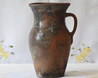 Vintage Clay Pitcher, Rustic Farmhouse Decor, 20th Century