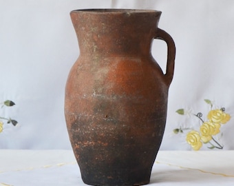 old clay vase. Wabi sabi black brown pottery pot. Shabby chic Rustic Decor