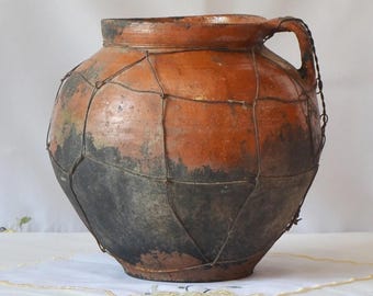 Antique Clay Vessel, Large Rustic Brown Black Vase, Primitive Decor