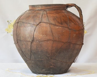 Large black terracotta indoor planter. Large antique primitive clay vessel. Wabi sabi pottery bowl.