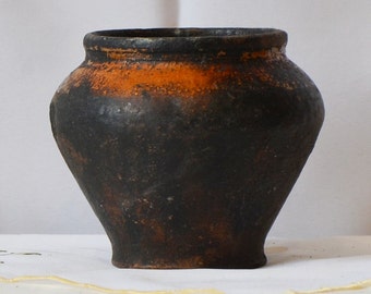 Black small pottery bowl. Rustic farmhouse black clay vessel. Wabi sabi primitive vase.