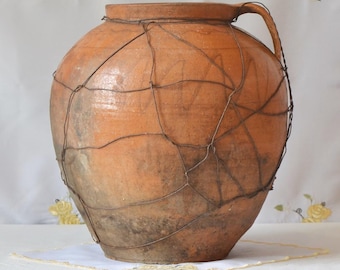 Large terracotta indoor planter. Large antique primitive clay vessel. Wabi sabi pottery bowl.