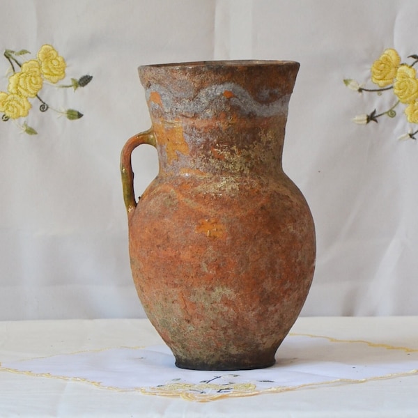 Large primitive clay vessel. Wabi sabi pottery tall vase. Antique terracotta plant pot.