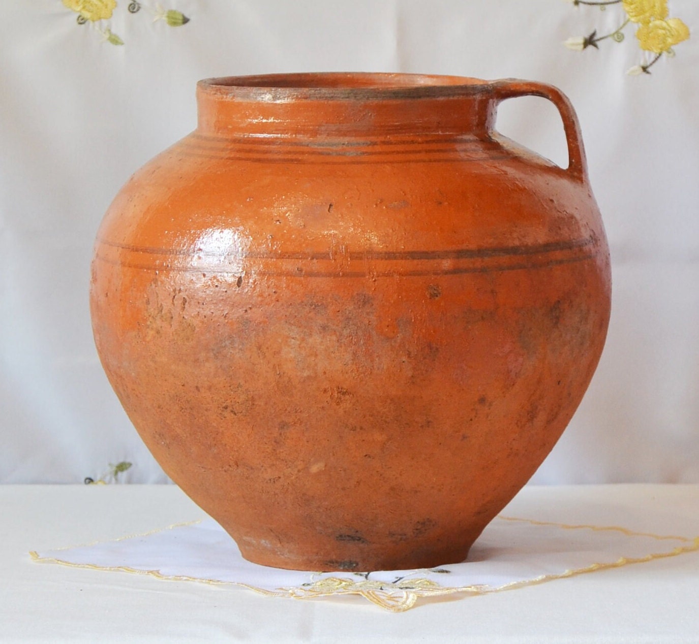 large antique clay vessel. Rustic terracotta planer pot. Wabi sabi pottery indoor planter.