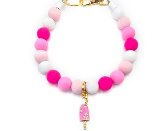 Personalized Pink Silicone Beaded Dog Collar: Summer Ice Pop Charm