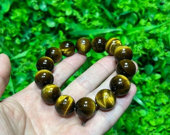 May include: A bracelet of polished tiger's eye gemstone beads. The beads are a warm brown color with golden yellow streaks, strung together to form a circular bracelet. The bracelet is held in a hand against a backdrop of green foliage.