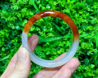 57mm Genuine Red White Agate Solid Bangle, Handmade Gemstone Jewelry Gift for Her