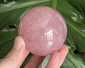 65mm Natural Rose Quartz Crystal Sphere, Polished Pink Quartz Ball Orb, Heart Chakra Love Energy Healing Home Decor Gift
