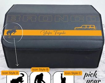 Bronco Personalized Leather Trunk Organizer Box – Custom Name & Icon, Black Cargo Storage