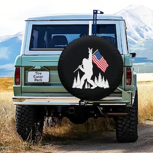 Patriotic Bigfoot Tire Cover, Sasquatch Spare Wheel Cover with American Flag, PVC Soft Tyre Cover, UV Protection Custom Bronco Tire Cover