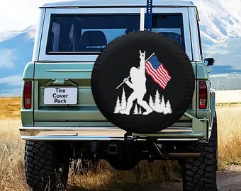 Patriotic Bigfoot Tire Cover: American Flag Sasquatch, UV Protected PVC Leather