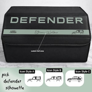 Puede incluir: Contenedor de almacenamiento negro con la palabra "DEFENDER" en letras grandes de color verde claro. Debajo, una franja verde claro presenta el logotipo de Land Rover, el nombre "Ethan Walker" y una silueta de coche. La parte inferior de la imagen muestra tres opciones de silueta de coche.